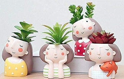 Resin Planter Combo Pack of 4 Dreaming Yellow Girl Design,Polka Red Dress Girl,Thinking Girl, Girl W/ Squirrel Succulent Pot Home & Garden Decor