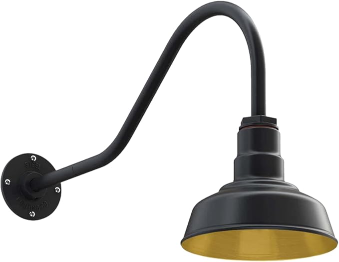 Steel Lighting Co. | Dusk to Dawn | Hawthorne Barn Light | Outdoor Wall Mounted | 8 in Dome | 23 inch Gooseneck| Small Farmhouse Light Made in America | Matte Black Exterior/Brass Interior