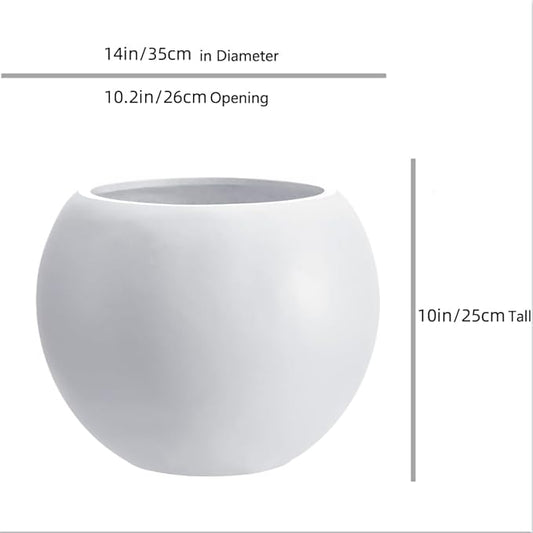 10 H x 14" Dia (10" Pot Opening) Round Fiberstone Planter with Drainage Hole, White, Indoor/Outdoor Large Plant Pot for Home Patio Garden, Ideal for Large Plants