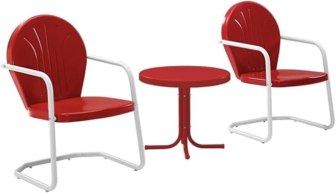 Crosley Furniture Griffith 3-Piece Outdoor Chair and Side Table Set, Retro Metal Bistro Patio Sets for Porch, Red