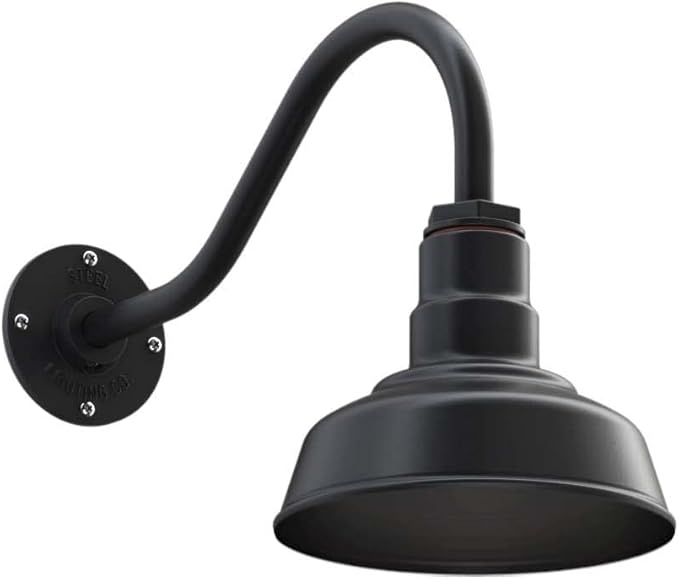 Steel Lighting Co. | Dusk to Dawn | Hawthorne Barn Light | Outdoor Wall Mounted | 8 in Dome | 16 inch Gooseneck| Small Farmhouse Light Made in America | Matte Black Exterior/Matte Black Interior