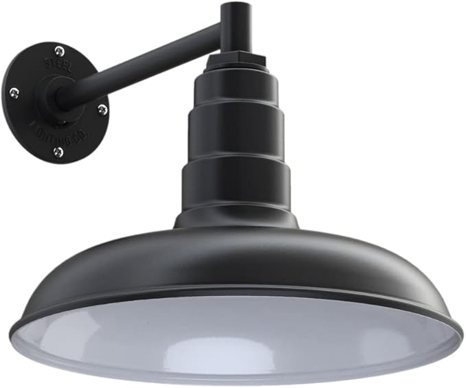 Steel Lighting Co. Topanga Barn Light | Outdoor Wall Mounted | Farmhouse Garage Light Made in America | 14 inch Dome | 11 inch Straight Arm | Matte Black Exterior/White Interior