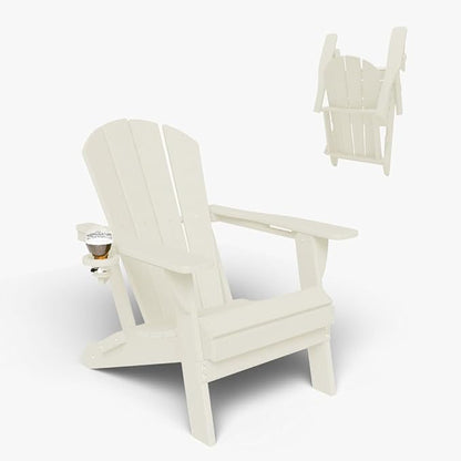 Folding Adirondack Chair with Cup Holders, HDPE Plastic Outdoor Chairs, Weather Resistant, Real Wood Look for Patio, Deck, Fire Pit, Backyard, White