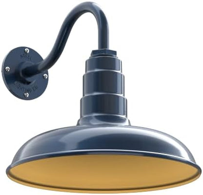 Steel Lighting Co. Topanga Barn Light | Outdoor Wall Mounted | 14 inch Dome | 11" Gooseneck | Farmhouse Garage Light Made in America | Gray Blue Exterior/Brass Interior
