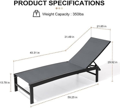 Crestlive Products Chaise Lounge Chair Outdoor Set of 2, Adjustable 5 Positions Pool Tanning Recliner, Outdoor Lounge Furniture Perfect for Patio, Beach, Yard, Pool