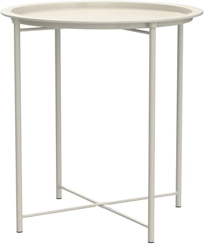VECELO Side/End Table, Folding Round Metal Anti-Rust and Waterproof Outdoor or Indoor Tray for Living Room Bedroom Balcony and Office, 2 PCS, Beige
