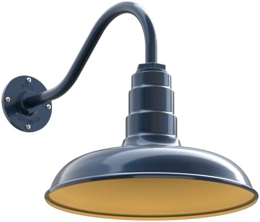 Steel Lighting Co. Topanga Barn Light | Outdoor Wall Mounted | 14 inch Dome | 16" Gooseneck | Farmhouse Garage Light Made in America | Gray Blue Exterior/Brass Interior