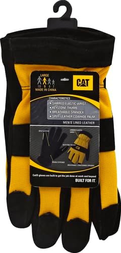 Cat Men's Split Leather Thermal Lined Winter Work Gloves, Cold weather Protection, Abrasion Resistant, Knuckle Backing, Yellow/Black, Large (CAT01222L)