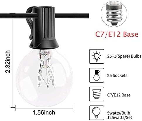 G40 Outdoor Globe String Lights, 25ft Hanging Patio Lights with 27 Incandescent Bulbs (2 Spare), Connectable Backyard Bistro Wedding Decor, E12 Base, 5W-Black Wire
