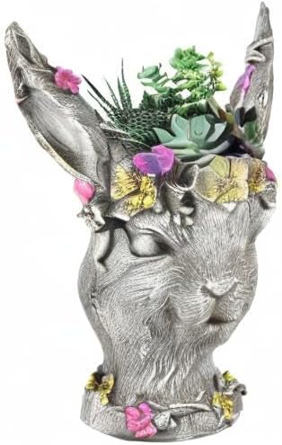 Sungmor Bobby Rabbit Head Planter - Premium Resin & 14.6" Tall Large Garden Pot - Lovely Animal Figurine Ornament Plant Container - Hand-Painted Decorative Plant Pot Indoor Artificial Flower Vase