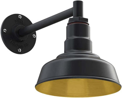 Steel Lighting Co. | Dusk to Dawn | Hawthorne Barn Light | Outdoor Wall Mounted | 8 in Dome | 11 inch Straight Arm| Small Farmhouse Light Made in America | Matte Black Exterior/Brass Interior