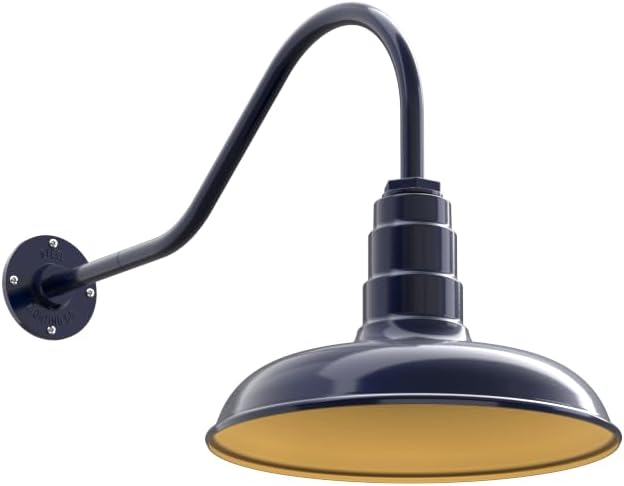 Steel Lighting Co. Topanga Barn Light | Outdoor Wall Mounted | 14 inch Dome | 23" Gooseneck | Farmhouse Garage Light Made in America | Navy Blue Exterior/Brass Interior