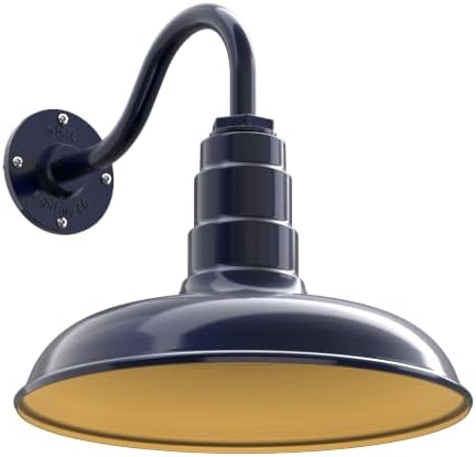 Steel Lighting Co. Topanga Barn Light | Outdoor Wall Mounted | 14 inch Dome | 11" Gooseneck | Farmhouse Garage Light Made in America | Navy Blue Exterior/Brass Interior