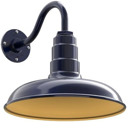 Steel Lighting Co. Topanga Barn Light | Outdoor Wall Mounted | 14 inch Dome | 11" Gooseneck | Farmhouse Garage Light Made in America | Navy Blue Exterior/Brass Interior