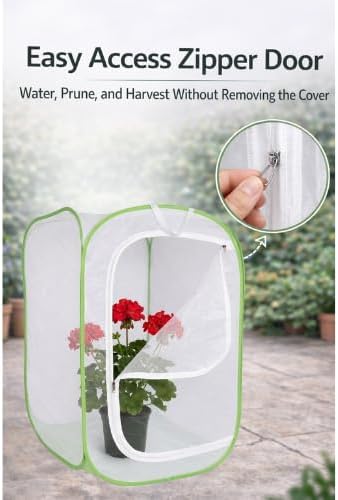 Mesh Plant Protection Cage - Pop Up Garden Net Enclosure with Zipper Door - Breathable Plant Cover Tent for Vegetables, Flowers, Herbs and Potted Plants - 24 x 24 x 36 Inch