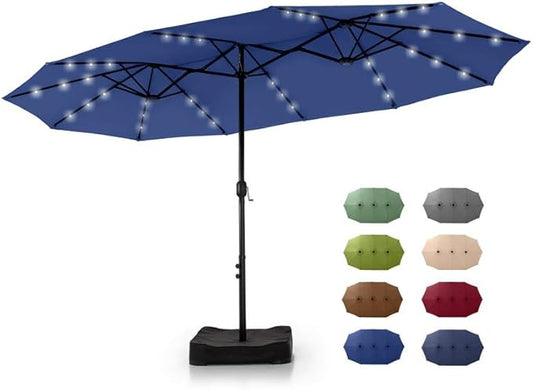 GREEN PARTY 15 ft Rectangle Patio Umbrella with Solar Lights and Base Included, Double-Sided Market Table Umbrella with Crank, Large Outdoor Umbrellas for Patio Poolside Garden Backyard, Haze Blue