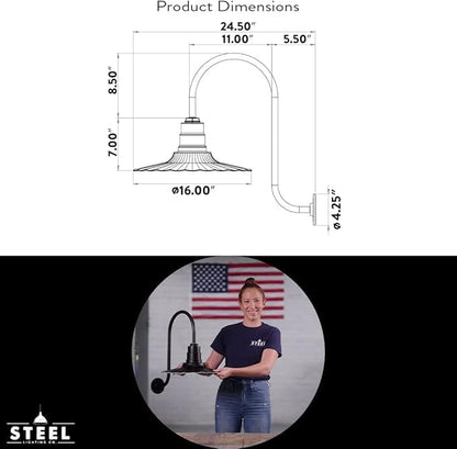Steel Lighting Co. Highland Park Barn Light | Outdoor Wall Mounted | 16 inch Radial Wave | Upward Sloping Gooseneck | Vintage Style Made in America | Navy Blue Exterior/Brass Interior