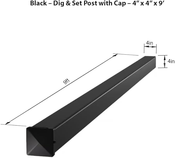 4x4x9ft Aluminum Dig-Set Fence Post with Matte Black Powder-Coated Finish & Post Cap – Heavy-Duty In-Ground Support for Privacy Fence, Garden, or Yard Enclosure