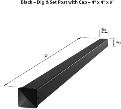 4x4x9ft Aluminum Dig-Set Fence Post with Matte Black Powder-Coated Finish & Post Cap – Heavy-Duty In-Ground Support for Privacy Fence, Garden, or Yard Enclosure