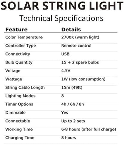 Regalosonline Solar String Lights for Outside - 15+2 Spare LED Bulbs Patio Lights with Remote Control, USB Port & Waterproof Outdoor (Warm White)