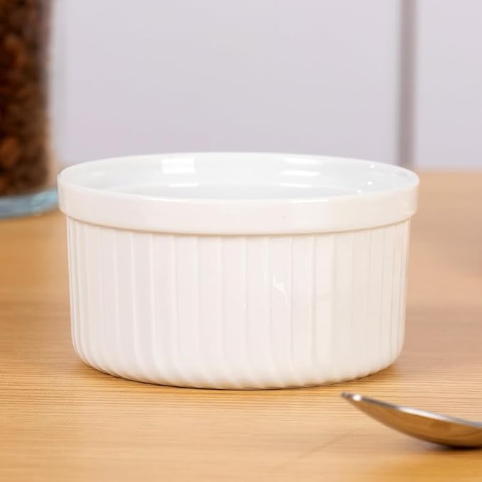 Yachi Ramekins White, 6 oz Ceramic Set of 6 Stoneware Bakeware for Souffle Sauces Dipping Onion Soup Lava Cake Flan Creme Brulee Kit Pudding Mini Custard Oven Safe