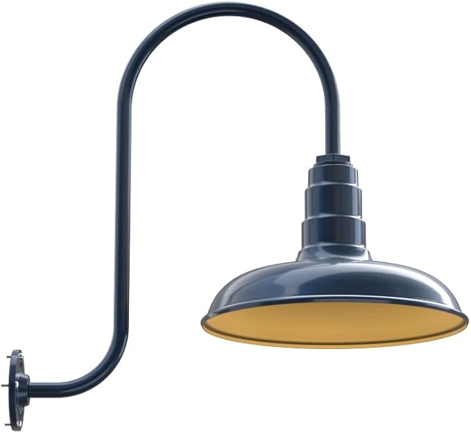 Steel Lighting Co. Topanga Barn Light | Outdoor Wall Mounted | 14 inch Dome | Upward Sloping Gooseneck | Farmhouse Garage Light Made in America | Gray Blue Exterior/Brass Interior