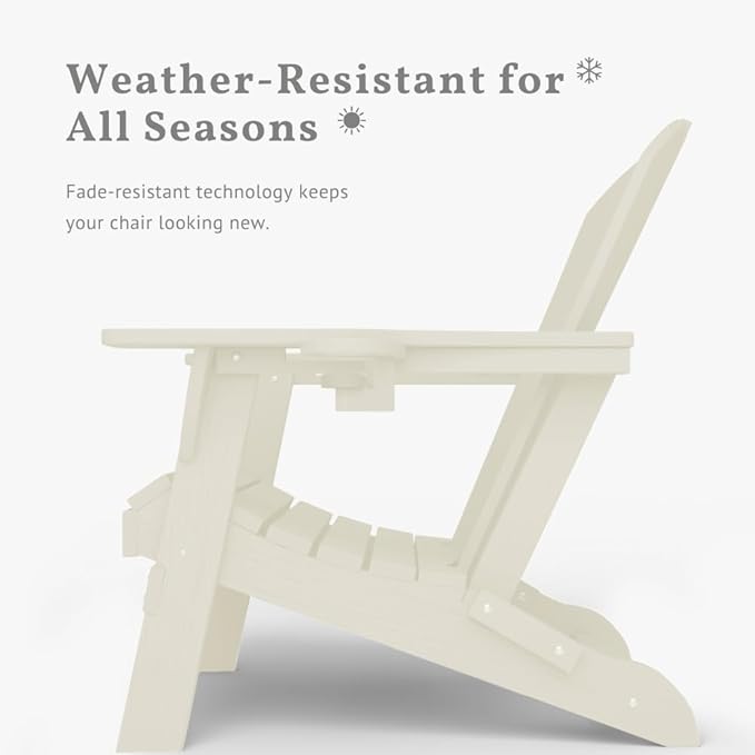 Folding Adirondack Chair with Cup Holders, HDPE Plastic Outdoor Chairs, Weather Resistant, Real Wood Look for Patio, Deck, Fire Pit, Backyard, White