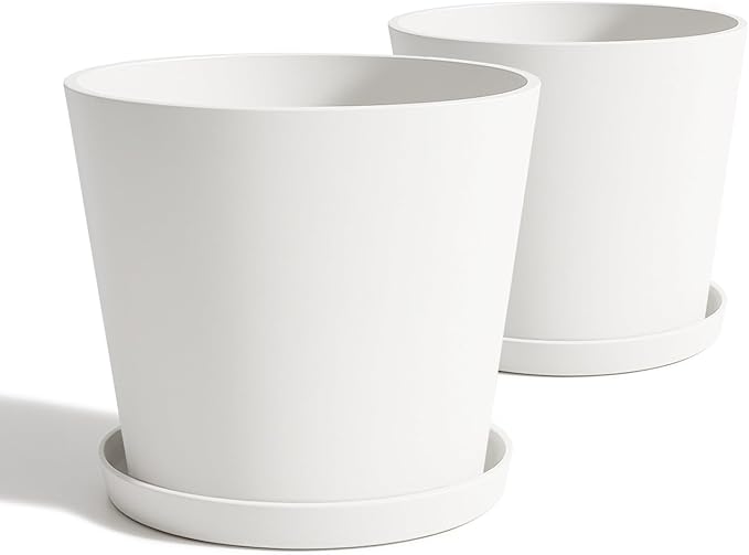 Wide Planters for Outdoor Plants, Extra Large Indoor Flower Pots for Garden, Front Porch, Patio - Round Resin Planter Set of 2 (White, 20 inch - 2 Pack with Saucers)