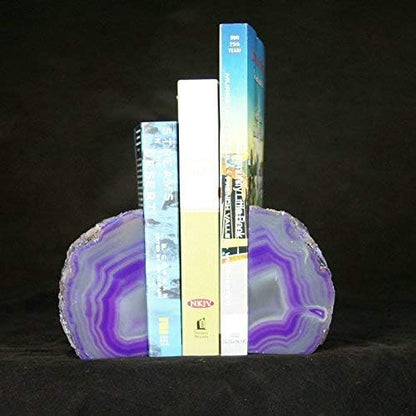 JIC Gem Dyed Purple Natural Agate Bookends Polished Stone Book Ends Crystal Geode Bookends for Shelves to Hold Books with Rubber Bumpers(1 Pair, 3-4 LBS)