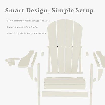 Folding Adirondack Chair with Cup Holders, HDPE Plastic Outdoor Chairs, Weather Resistant, Real Wood Look for Patio, Deck, Fire Pit, Backyard, White
