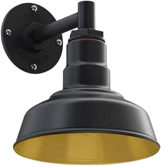 Steel Lighting Co. | Dusk to Dawn | Hawthorne Barn Light | Outdoor Wall Mounted | 8 in Dome | 6 in Straight Arm| Small Farmhouse Light Made in America | Matte Black Exterior/Brass Interior