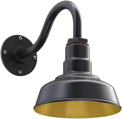 Steel Lighting Co. | Dusk to Dawn | Hawthorne Barn Light | Outdoor Wall Mounted | 8 in Dome | 11 inch Gooseneck| Small Farmhouse Light Made in America | Matte Black Exterior/Brass Interior