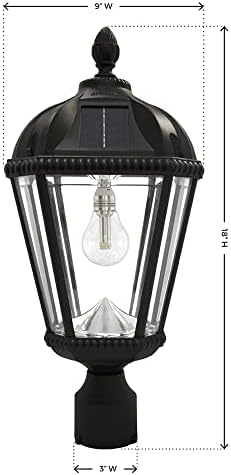 Gama Sonic Outdoor Solar Post Light, Black Aluminum, Royal Bulb, Rain Water Glass, Single Lamp with 3-inch Fitter for Lamp Posts Warm White LED, 98B012 (Upgraded Panel and Battery)