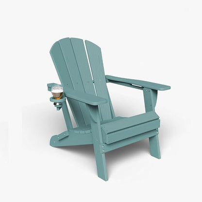 Folding Adirondack Chair with Cup Holders, HDPE Plastic Outdoor Chairs, Weather Resistant, Real Wood Look for Patio, Deck, Fire Pit, Backyard, Aruba Blue