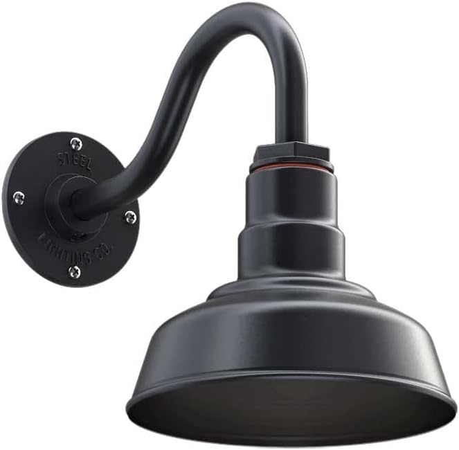 Steel Lighting Co. | Dusk to Dawn | Hawthorne Barn Light | Outdoor Wall Mounted | 8 in Dome | 11 inch Gooseneck| Small Farmhouse Light Made in America | Matte Black Exterior/Matte Black Interior