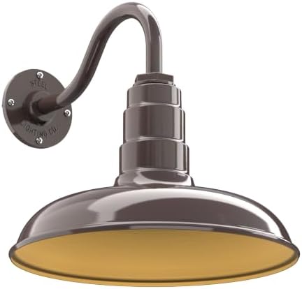 Steel Lighting Co. Topanga Barn Light | Outdoor Wall Mounted | 14 inch Dome | 11" Gooseneck | Farmhouse Garage Light Made in America | Dark Bronze Exterior/Brass Interior