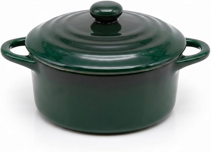Kook Ceramic Mini Cocotte, Casserole Dish with Lid, 500F, 12 oz, Set of 4, Forest Green