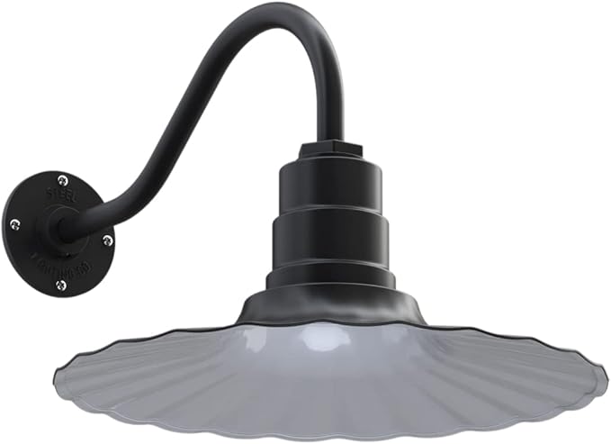 Steel Lighting Co. Highland Park Barn Light | Outdoor Wall Mounted | 16 inch Radial Wave | 16 inch Gooseneck | Vintage Style Made in America | Matte Black Exterior/White Interior