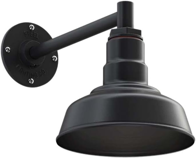 Steel Lighting Co. | Dusk to Dawn | Hawthorne Barn Light | Outdoor Wall Mounted | 8 in Dome | 11 inch Straight Arm| Small Farmhouse Light Made in America | Matte Black Exterior/Matte Black Interior