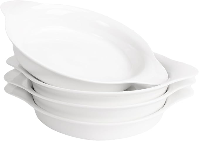 Round Au Gratin Baking Dishes, Set of 4, Porcelain Baking Dish Oven Safe Roasting Lasagna Pan, Ceramic Bakeware Ideal for Crème Brulee Casserole, Lasagna, Gratin, Broiling, Roasting, and