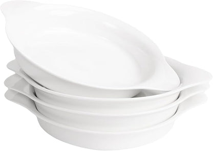 Round Au Gratin Baking Dishes, Set of 4, Porcelain Baking Dish Oven Safe Roasting Lasagna Pan, Ceramic Bakeware Ideal for Crème Brulee Casserole, Lasagna, Gratin, Broiling, Roasting, and