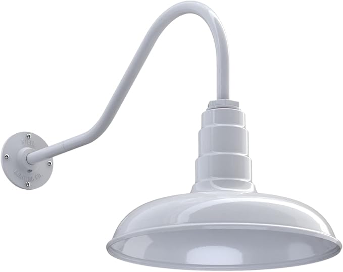 Steel Lighting Co. Topanga Barn Light | Outdoor Wall Mounted | Farmhouse Garage Light Made in America | 14 inch Dome | 23 inch Gooseneck | White Exterior/White Interior