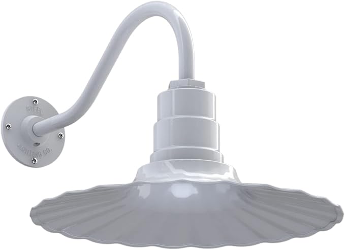 Steel Lighting Co. Highland Park Barn Light | Outdoor Wall Mounted | 16 inch Radial Wave | 16 inch Gooseneck | Vintage Style Made in America | White Exterior/White Interior