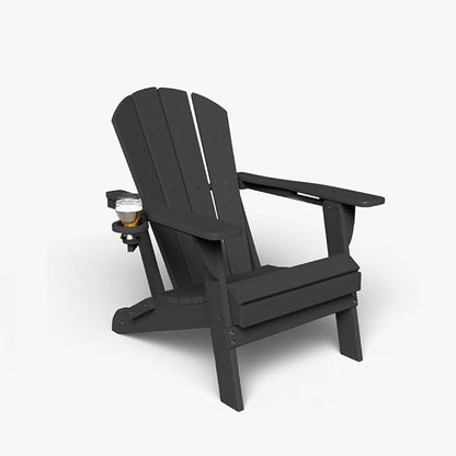 Folding Adirondack Chair with Cup Holders, HDPE Plastic Outdoor Chairs, Weather Resistant, Real Wood Look for Patio, Deck, Fire Pit, Backyard, Black