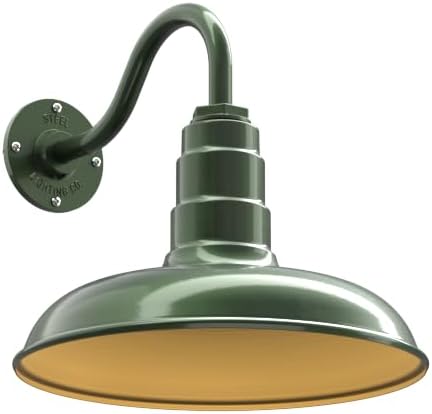 Steel Lighting Co. Topanga Barn Light | Outdoor Wall Mounted | 14 inch Dome | 11" Gooseneck | Farmhouse Garage Light Made in America | Hunter Green Exterior/Brass Interior