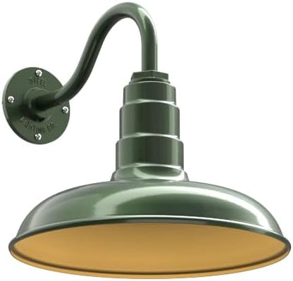 Steel Lighting Co. Topanga Barn Light | Outdoor Wall Mounted | 14 inch Dome | 11" Gooseneck | Farmhouse Garage Light Made in America | Hunter Green Exterior/Brass Interior