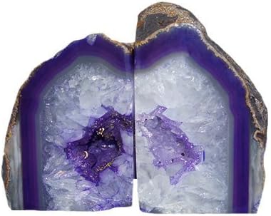 JIC Gem Purple Agate Bookends Geode Book Ends Heavy Duty Crystal Bookends Decorativer with Rubber Bumpers (1 Pair, 4-6 LBS)