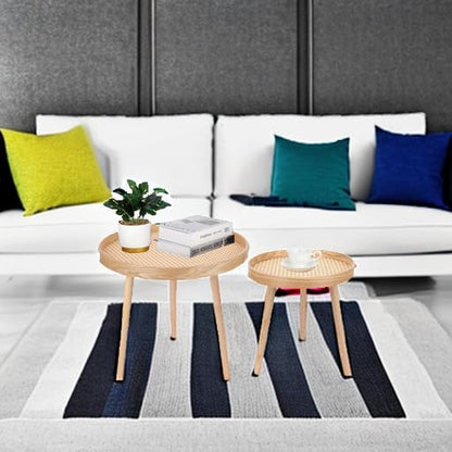 Round Coffee Table Set of 2, Natural Boho Coffee Tables, Small Mid Century Modern Rattan Coffee Table, Boho Side Table End Tables for Living Room Bedroom Office