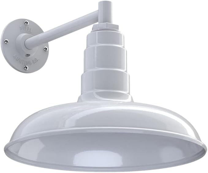 Steel Lighting Co. Topanga Barn Light | Outdoor Wall Mounted | Farmhouse Garage Light Made in America | 14 inch Dome | 11 inch Straight Arm | White Exterior/White Interior