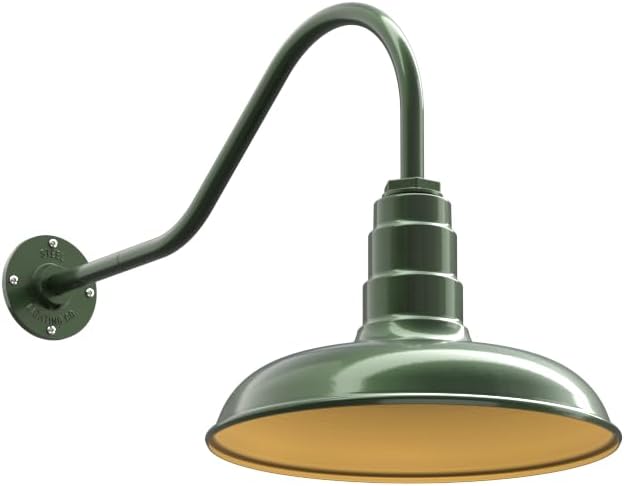 Steel Lighting Co. Topanga Barn Light | Outdoor Wall Mounted | 14 inch Dome | 23" Gooseneck | Farmhouse Garage Light Made in America | Hunter Green Exterior/Brass Interior